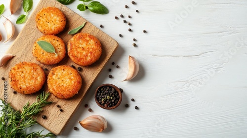 Wallpaper Mural Crispy Golden Potato Pancakes With Fresh Herbs and Spices, Top View On White Wooden Background Torontodigital.ca