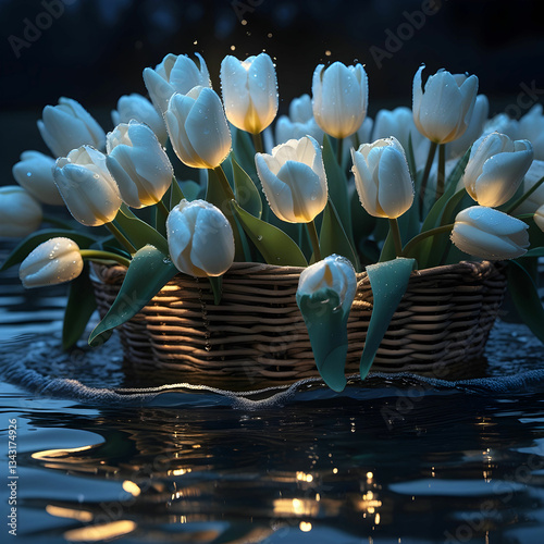 Moonlit white tulips cascading from a submerged basket, their dewy petals glowing over serene water.