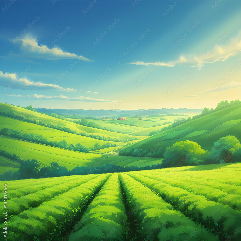 Fototapeta premium Lush green fields of Moravia, rolling landscapes with vibrant meadows, creating a picturesque countryside view