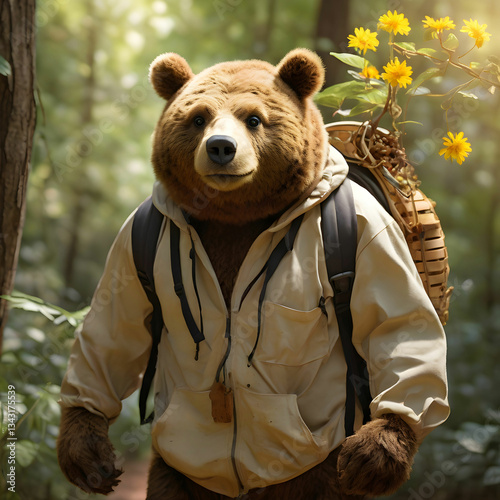Pak Badu, a chubby bear, strolls through a sunlit forest with honey, wildlife watching curiously.