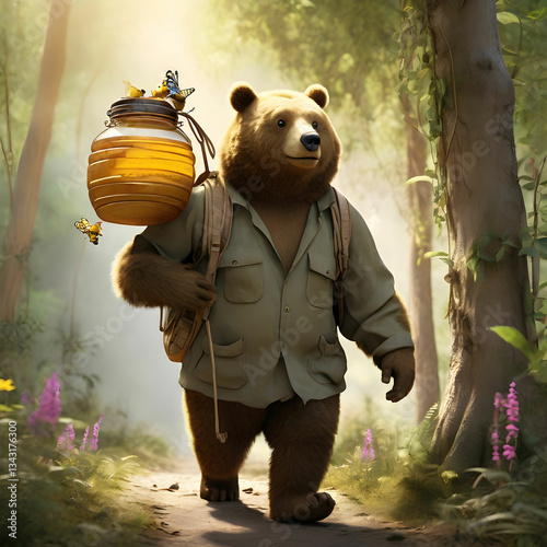 Pak Badu, a chubby bear, strolls through a sunlit forest with honey, wildlife watching curiously.
