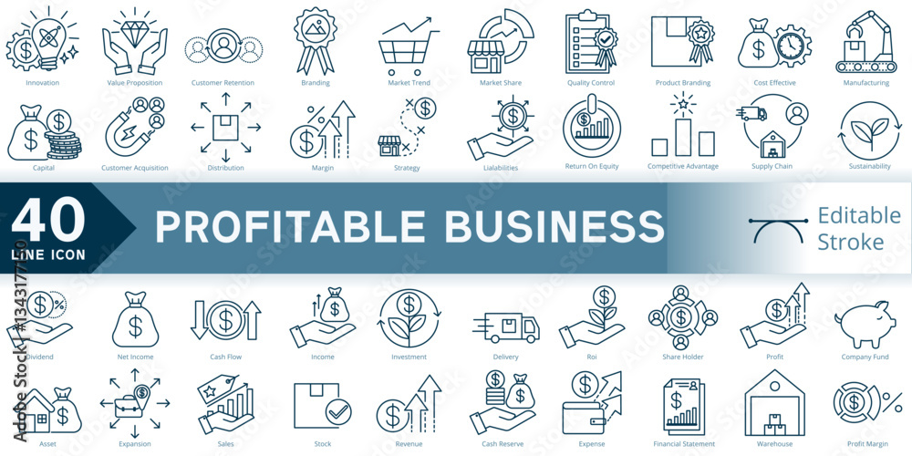 Fototapeta premium profitable business icon set, simple line element profitable business with editable stroke, profitable business simple icon, icon line style vector image