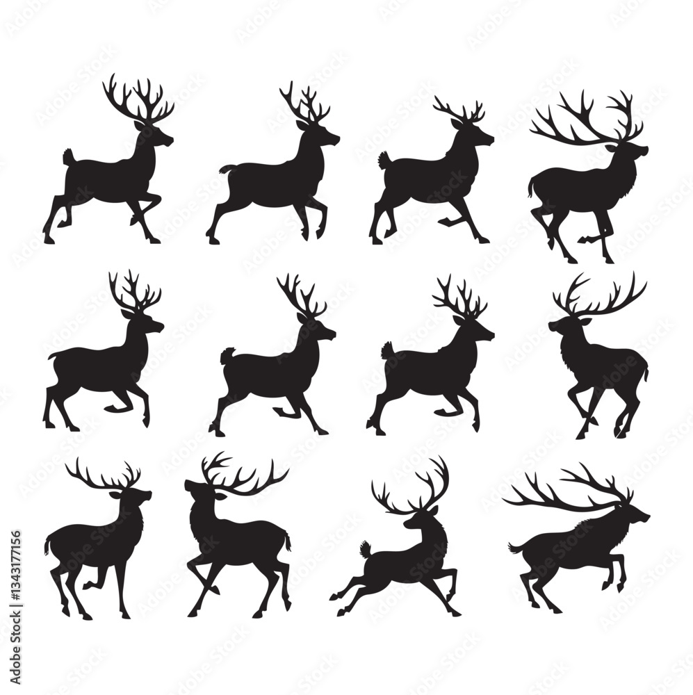 Deer Silhouette Vector Set – Running Deer with Antlers Deer Silhouette Vector Set – Running Deer with Antlers