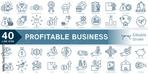 profitable business icon set, simple line element profitable business with editable stroke, profitable business simple icon, icon line style vector image