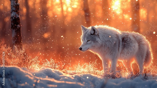 Majestic Arctic Wolf Stands Gracefully Amidst a Winter Wonderland, Surrounded by Glowing Snowflakes and Captivating Sunlight in a Dense Forest Scene