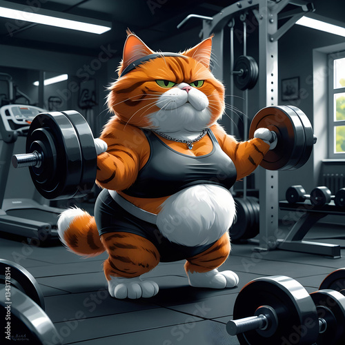 Realistic digital painting of a chubby orange cat lifting dumbbells in a gym, wearing fitness gear.