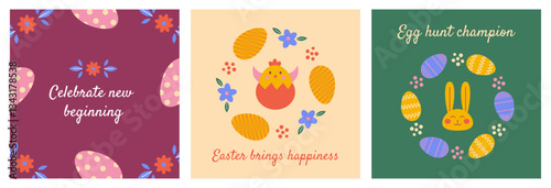 Fotografija Easter folk elegant greeting card with egg, floral circle frame of set