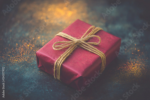 A beautifully wrapped red gift box tied with twine sits on a textured surface with a soft glow