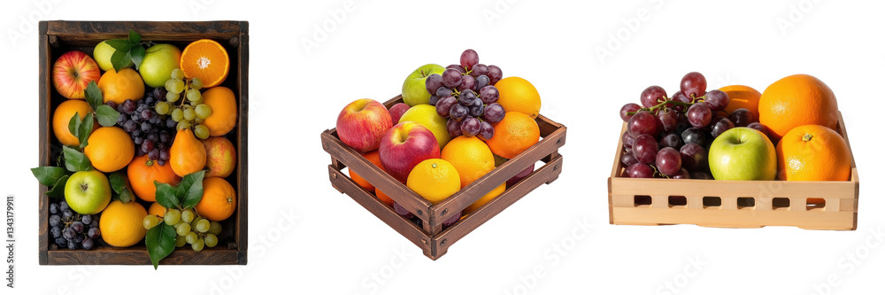 A Set of Beautifully Arranged Wooden Baskets with Fresh Organic Fruits Isolated on Transparent Background A Set of Beautifully Arranged Wooden Baskets with Fresh Organic Fruits Isolated on Transparent Background
