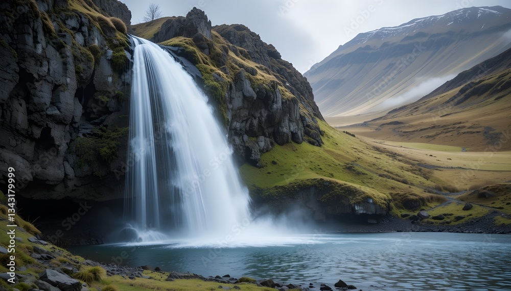 Obraz premium Majestic Icelandic Waterfall Cascading into a Serene Pond Amidst Breathtaking Scenery