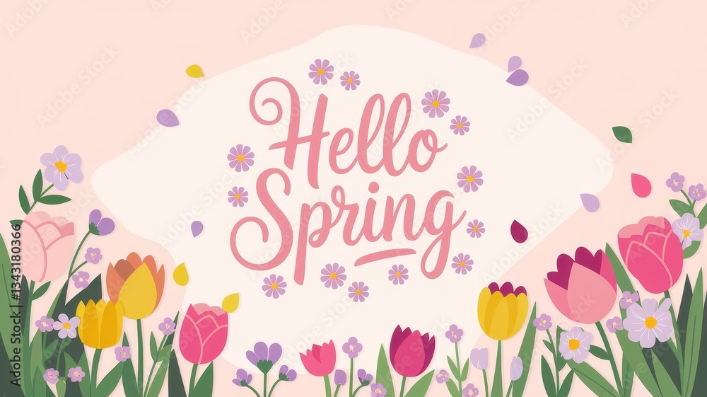 Spring flowers blooming, colorful tulips and daisies, festive greeting card design, fresh beginnings, seasonal change, Hello Spring, vibrant pastel colors.