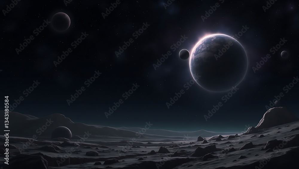 The digital artwork depicts a vast space scene with rocky planets, asteroids, and celestial bodies, highlighting exploration and the unknown through a dark color palette. The digital artwork depicts a vast space scene with rocky planets, asteroids, and celestial bodies, highlighting exploration and the unknown through a dark color palette.