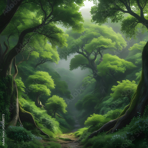Realistic ravine filled with lush green trees, vibrant leaves, deep shade, and a woodland sanctuary.