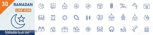 Ramadan line icon set. Set of 30 outline icons related to Ramadan, Quran, mosque, Ramadan fasting, Islam, lantern and others. Editable stroke. Vector illustration.