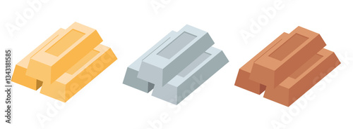 Precious Metal Ingots Gold, Silver, and Copper vector illustration