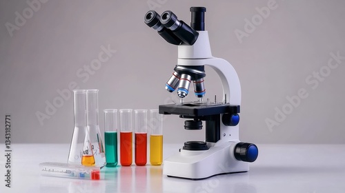 Science laboratory research and development concept. microscope with test tubes