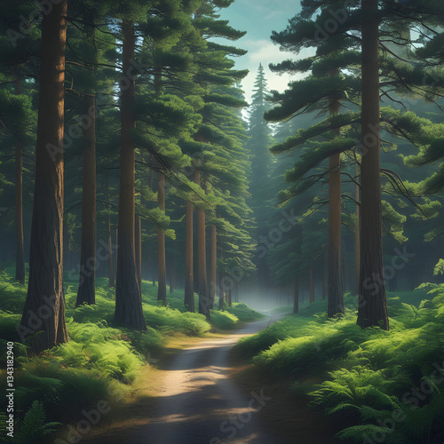 Realistic ravine filled with lush green trees, vibrant leaves, deep shade, and a woodland sanctuary.