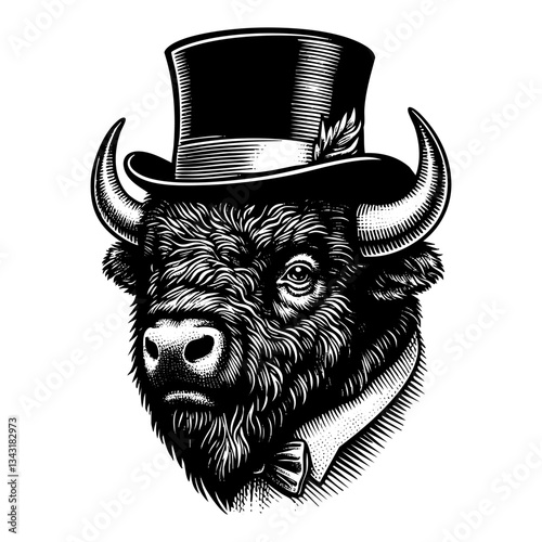 Bison wear top hat sketch engraving black and white outline. Scratch board imitation.  illustrated in vintage line art style on a white background.
