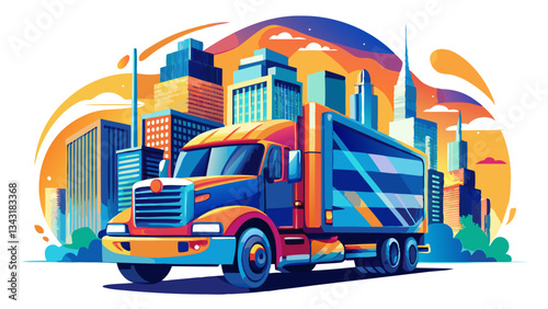 Vibrant double exposure of a freight truck overlaying a city skyline, symbolizing urban cargo transport White background