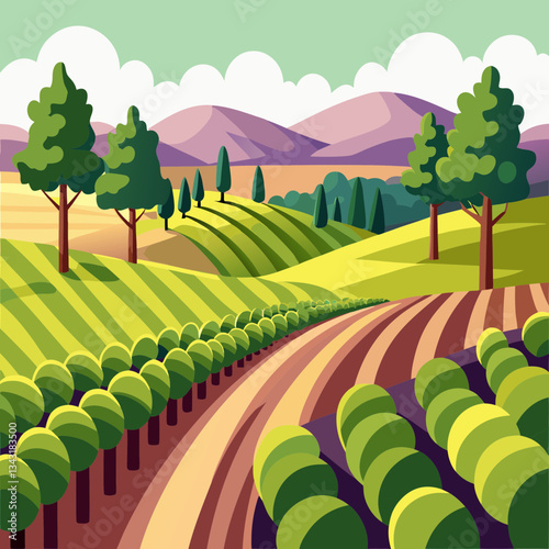 gentle rolling vineyards with neatly arranged vine