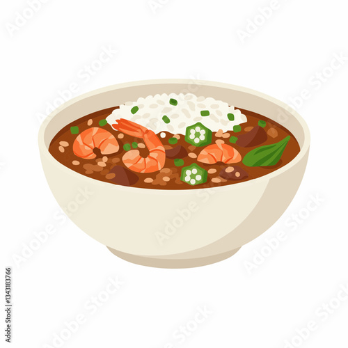 Delicious shrimp gumbo served with rice and okra in a bowl