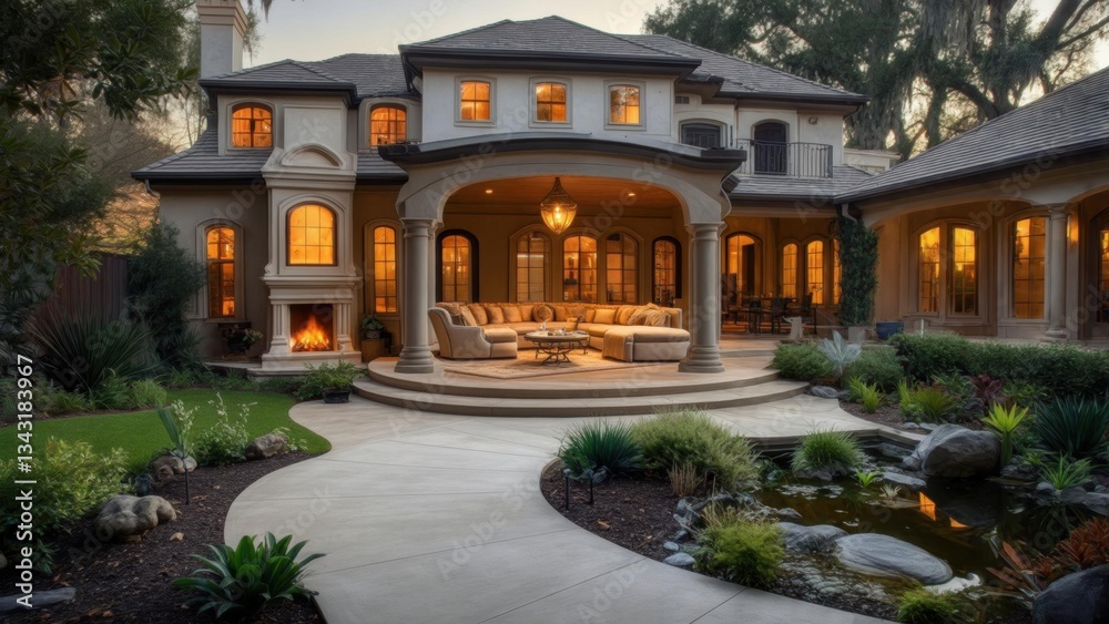 Obraz premium Elegant outdoor living area of a luxurious home at twilight with warm lighting