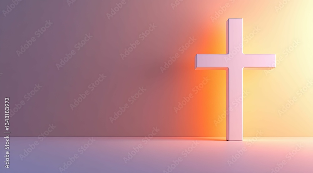 Naklejka premium A white cross, illuminated by gentle light, stands gracefully against a calming pastel gradient, evoking spiritual serenity.
