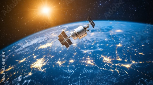 Space station on orbit of the Earth planet and universe background. 