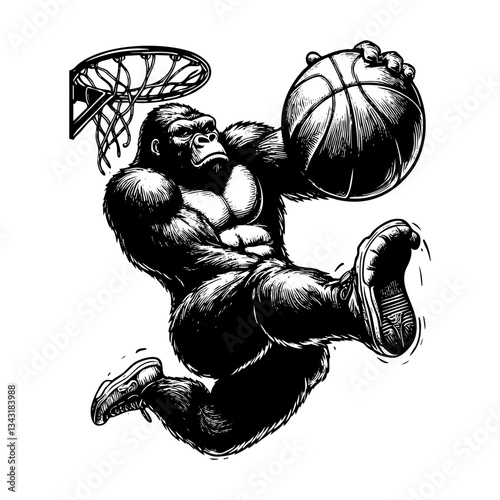 Gorilla slam dunk sketch engraving black and white outline. Scratch board imitation. illustrated in vintage line art style on a white background.