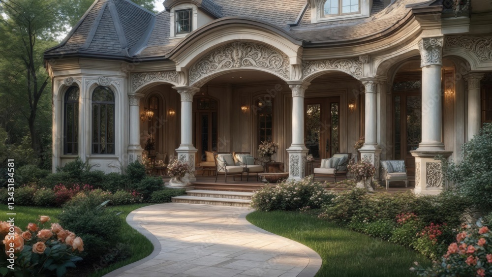 Fototapeta premium Elegant mansion entrance with floral landscape in peaceful garden setting