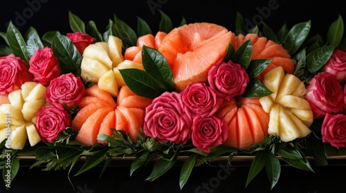 A vibrant arrangement of carved fruit and flowers showcasing creativity and color.