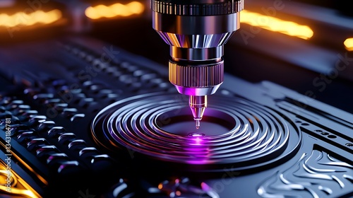 A close-up shot reveals a high-tech CNC milling machine precisely machining a metallic component with intricate swirling patterns using a laser-like tool in a modern industrial