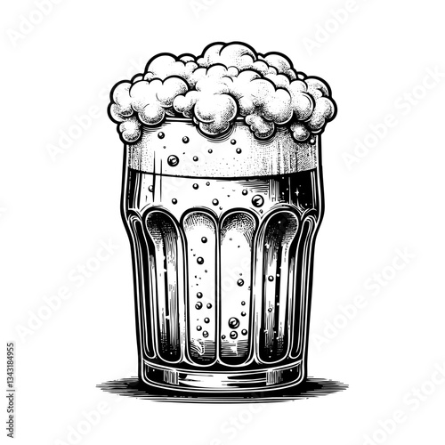 a glass of beer full of foam engraving black and white outline. Scratch board imitation.
