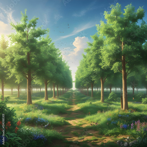 Realistic ravine filled with lush green trees, vibrant leaves, deep shade, and a woodland sanctuary.
