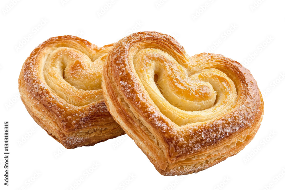 Fototapeta premium Two heart-shaped pastries with powdered sugar on top, isolated