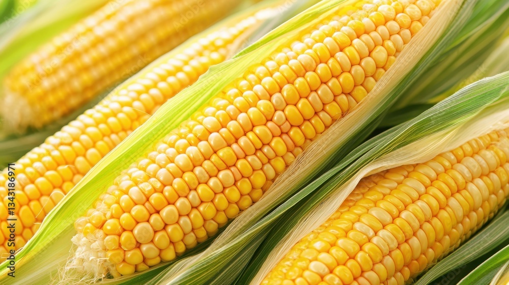 Fresh ears of corn with bright yellow kernels and green husks, showcasing the natural beauty of this popular vegetable. Fresh ears of corn with bright yellow kernels and green husks, showcasing the natural beauty of this popular vegetable.