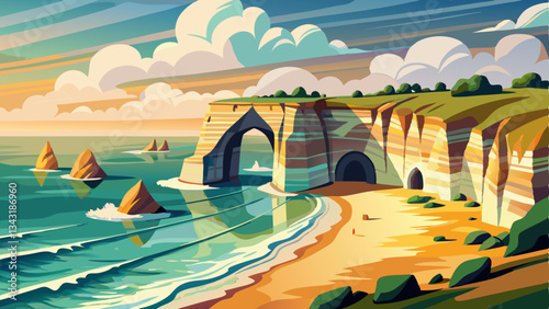 vector of serene panorama of the alabaster coast in Normandy, with dramatic arches and waves crashing gently on the sandy beach