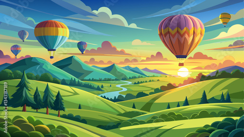 vector of breathtaking landscape with colorful hot air balloons floating gracefully over rolling green hills at sunrise