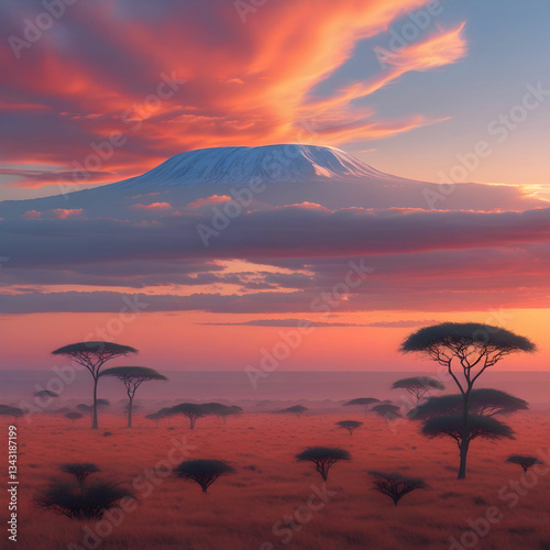 Realistic breathtaking Kenyan savanna at twilight, featuring Mount Kilimanjaro, vast plains, and skys harmony.