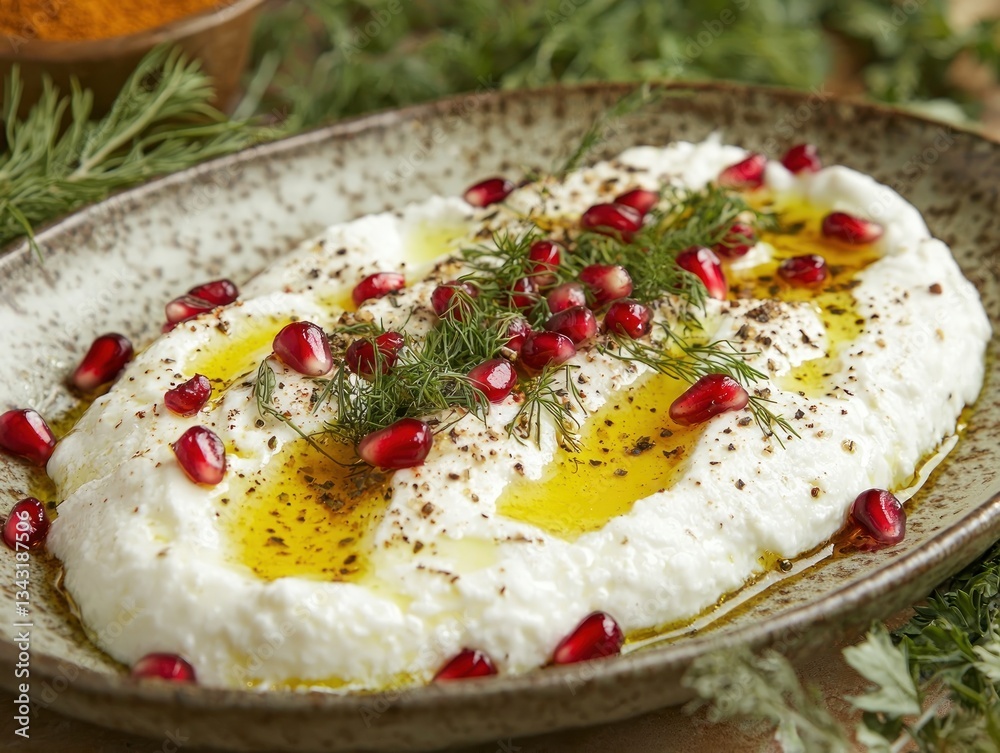 Delicious Labneh Mezze with Pomegranate Seeds and Dill Sprigs Olive Oil a Culinary Delight Turkish Cuisine Delicious Labneh Mezze with Pomegranate Seeds and Dill Sprigs Olive Oil a Culinary Delight Turkish Cuisine