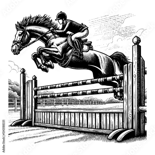 Horse jumping fence wood engraving black and white outline. Scratch board imitation.  illustrated in vintage line art style on a white background.