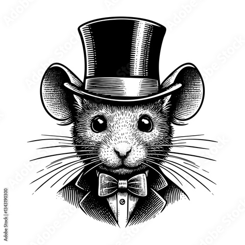 Mouse wear top hat sketch engraving black and white outline. Scratch board imitation.