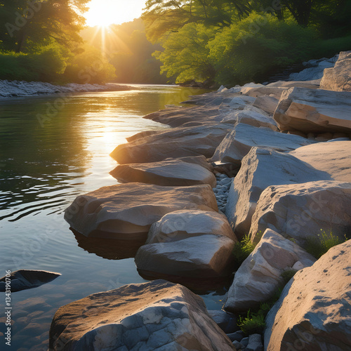 Golden sun reflecting on river rocks, shimmering water, and a tranquil, flowing river scene.