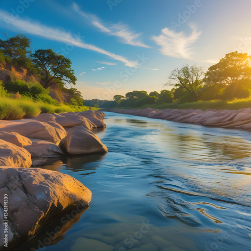 Golden sun reflecting on river rocks, shimmering water, and a tranquil, flowing river scene.