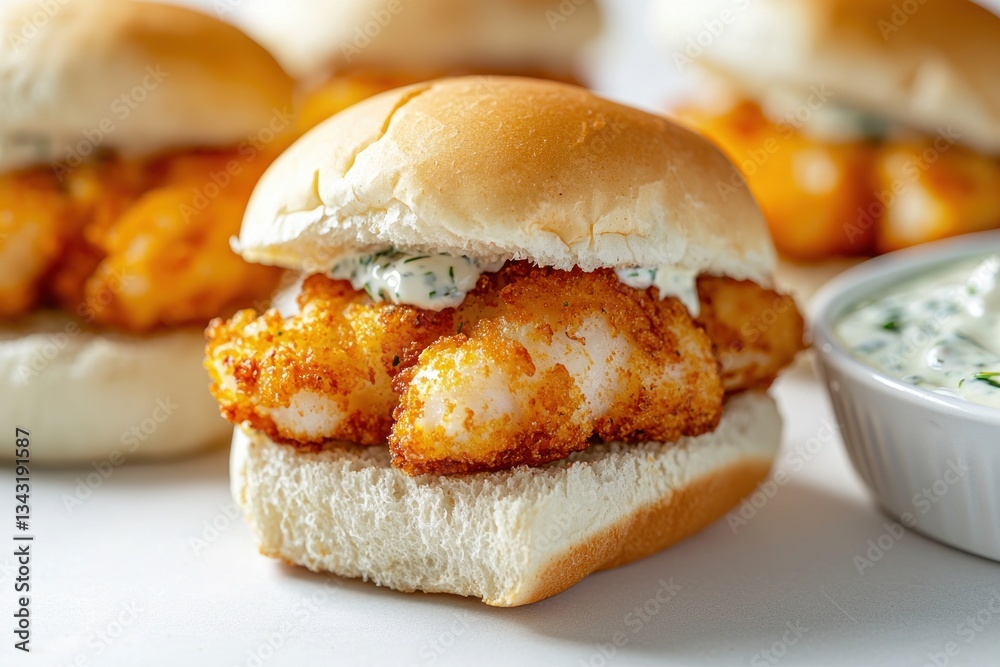 Golden Fried Fish Slider on a Soft Bun with Tartar Sauce in Bright Studio Shot Food Photography