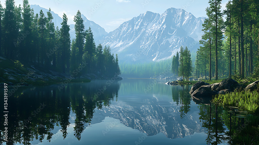 Naklejka premium Serene Mountain and Lake Reflections in Soft Pastel and Blue Hues