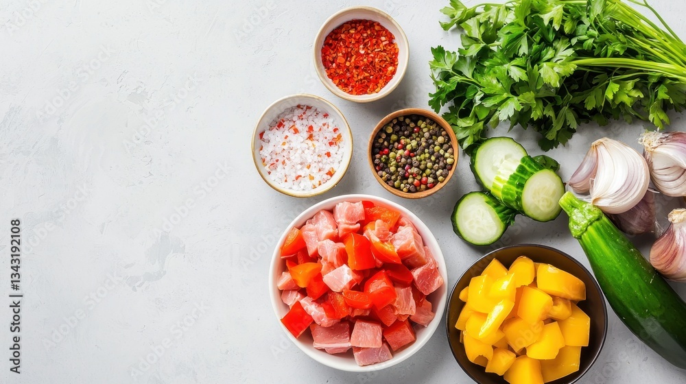 Fresh ingredients prepared on gray surface for cooking recipe vibrant colors of various vegetables herbs and spices from above Fresh ingredients prepared on gray surface for cooking recipe vibrant colors of various vegetables herbs and spices from above