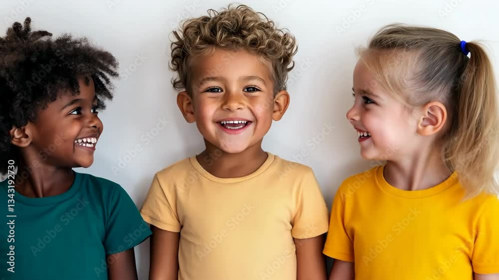 Three children are smiling and wearing yellow shirts Three children are smiling and wearing yellow shirts