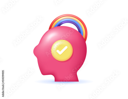 mental health and mind concept. psychology. peace and calm emotions and feelings. illustration of a head symbol with a check mark and a rainbow. symbol or icon. minimalist 3d style design. element