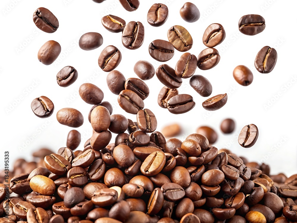 Naklejka premium Falling coffee beans on white background